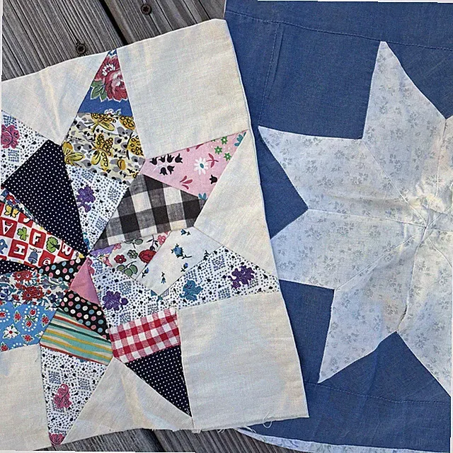 2 Vintage Star Quilted Pillow Shams Covers country cabin chic patchwork Handmade