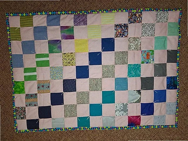 37" X 50" Homemade machine-pieced hand-knotted crib comforter (baby quilt) #26*