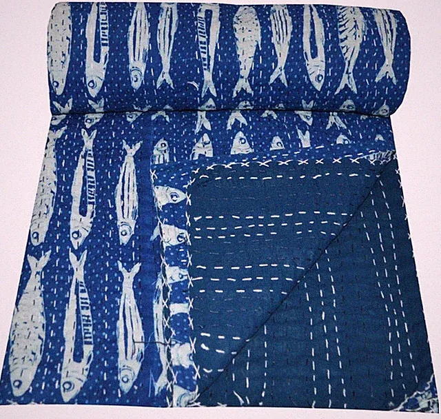 Blue Fish Block Printed Cotton Kantha Quilt Bedspread Blanket Queen Size Gifts