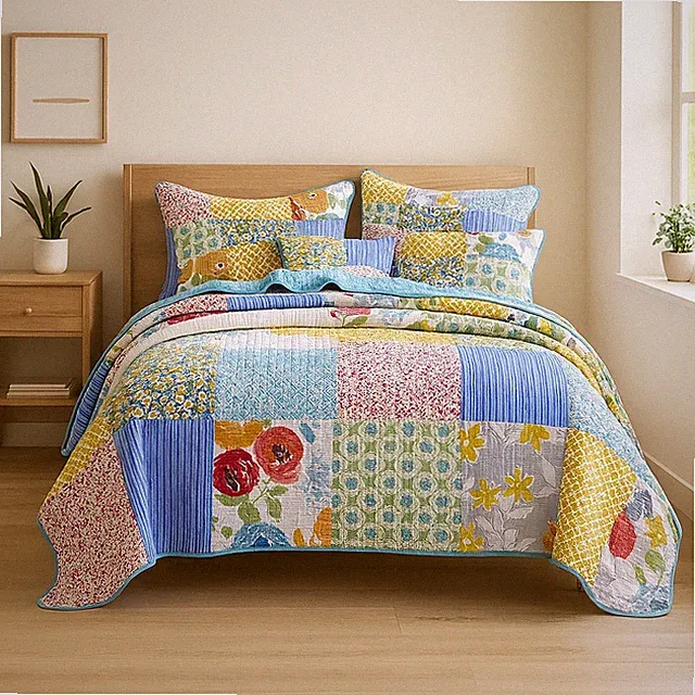 Boho Floral Patchwork Quilt Set 100% Cotton Reversible Bedspread - Queen Size