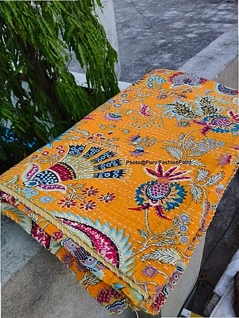 Boho Vintage Hippie Kantha Quilt for Queen Bedding, Bedspread Throw, Blanket