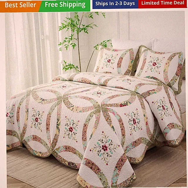 Cotton Real Patchwork Embroidery Quilt Set 3-Piece. 100% Washed Cotton. 376 H...