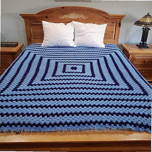 Coverlet Queen Crochet Blue Granny Square Fringe Handmade Blanket Traditional