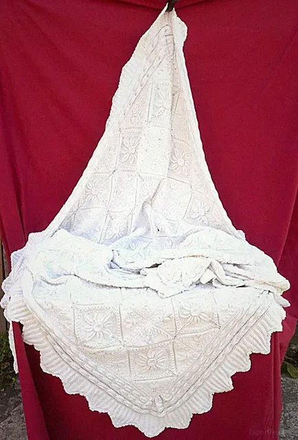 French Hand-Made Knit Off-White Cotton Bed Cover Coverlet 76" x 72 inches