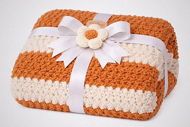 Hand Kitted Blanket Soft Polyester Butterscotch Throw 48 x 34" Mother's Day