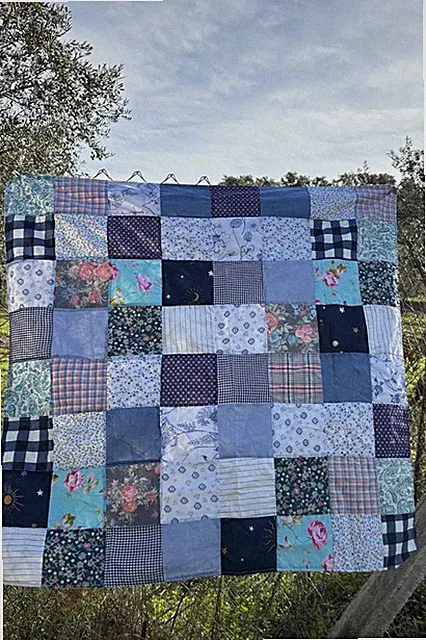 Handmade Blue Patchwork Cotton Quilt - Geometric Spring Design- Spring gift