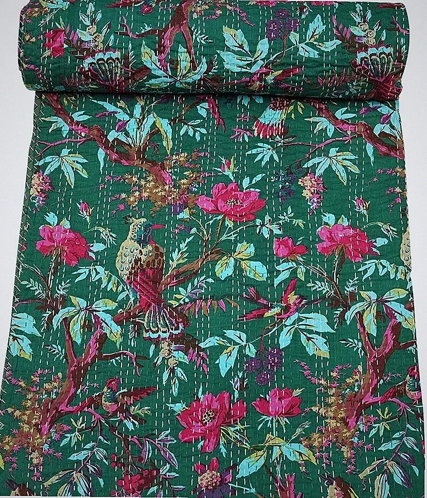 Handmade Cotton Bird Print Kantha Quilt Bedspread Throw king Size Bedding