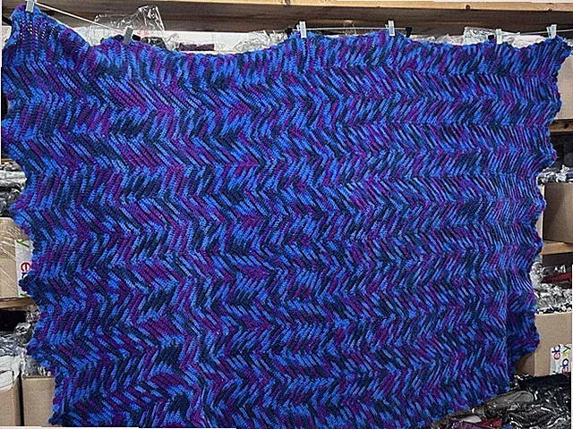 Handmade Crochet Afghan Blanket Throw Blue Purple Chevron Ripple Pattern Cozy