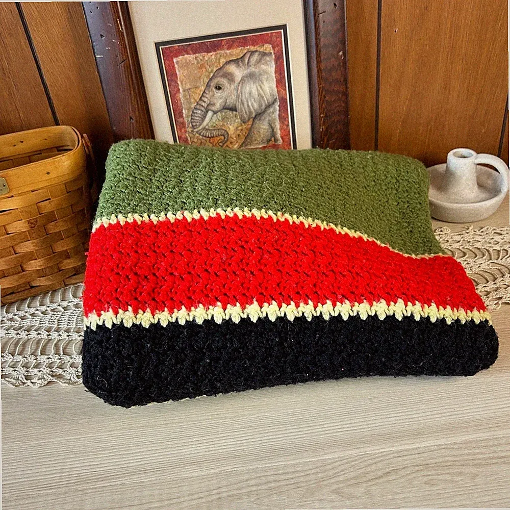 Handmade Crochet Throw Blanket Green Red Black Stripes Cozy Retro Blanket Rustic