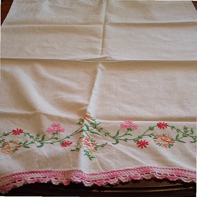Handmade Embroidered Floral Cotton Pillowcase with Pink Crochet Trim