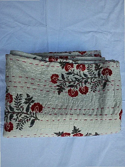 Handmade Floral Kantha Cotton Quilt Traditional Vintage Block Print Material