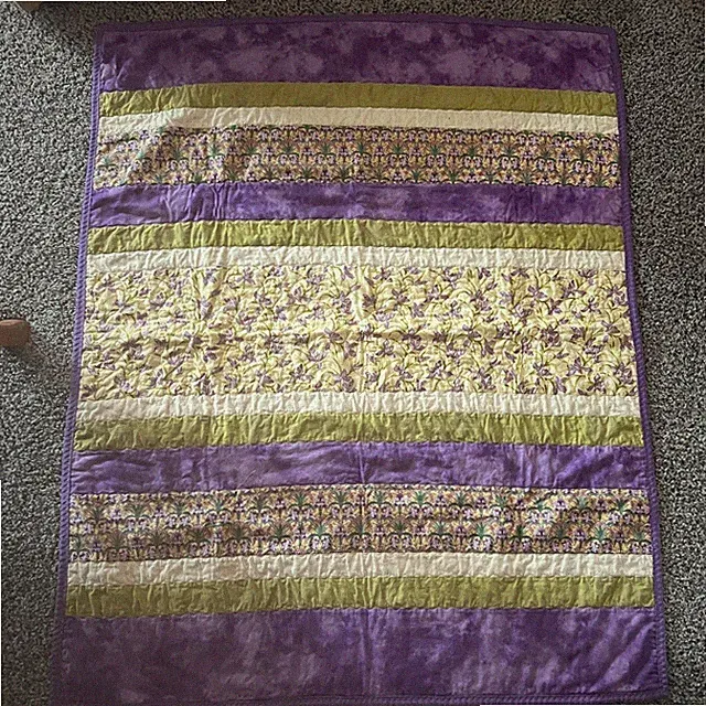 Handmade Floral Striped Quilt Purple Green Cotton Throw Blanket 38"x47" Bohemian