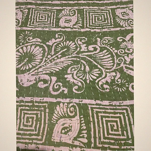Handmade Kantha Quilt Reversible Block Print Cotton Throw Green Red Bohemian