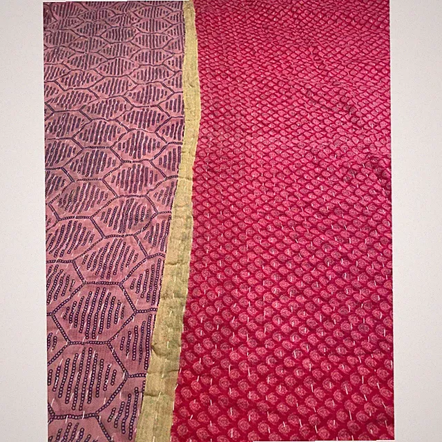 Handmade Kantha Quilt Reversible Cotton Throw Pink Floral Geometric Bohemian