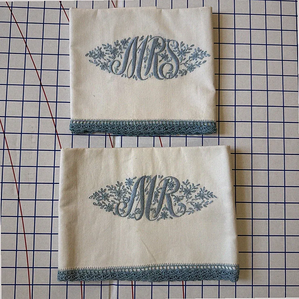 Handmade Monogram Pillowcases Set 2 NWOT Heirloom Blue Embroidery