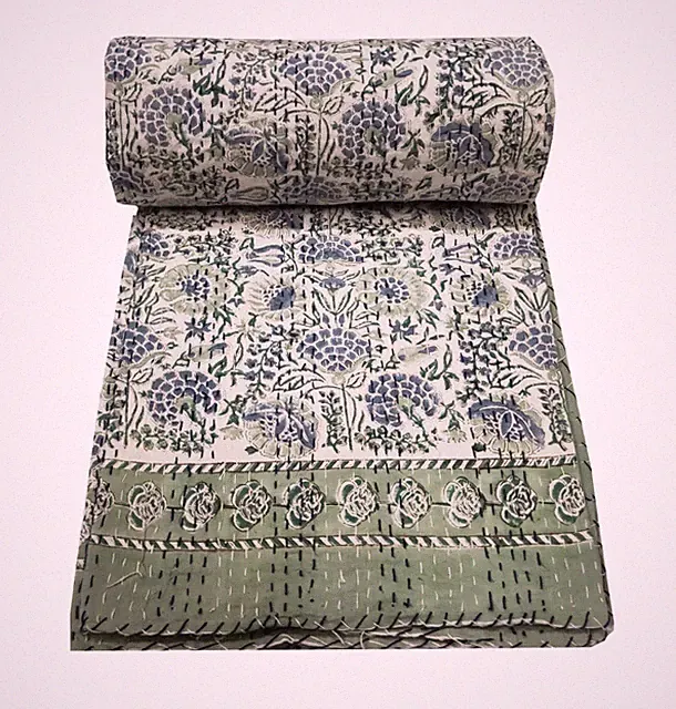 Indian Cotton All Size Hand Block Print Kantha Handmade Quilt Bedspread Blanket