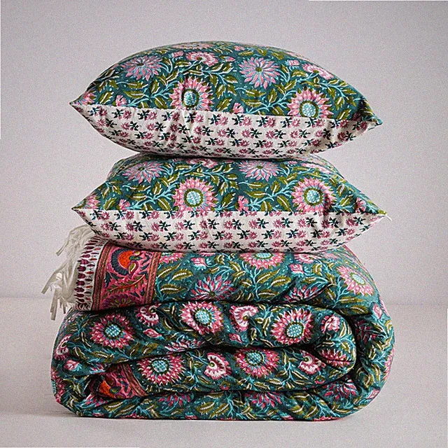 Indian Cotton Duvet Cover With Pillowcases, Green Floral Print Quilt Cover AH#06