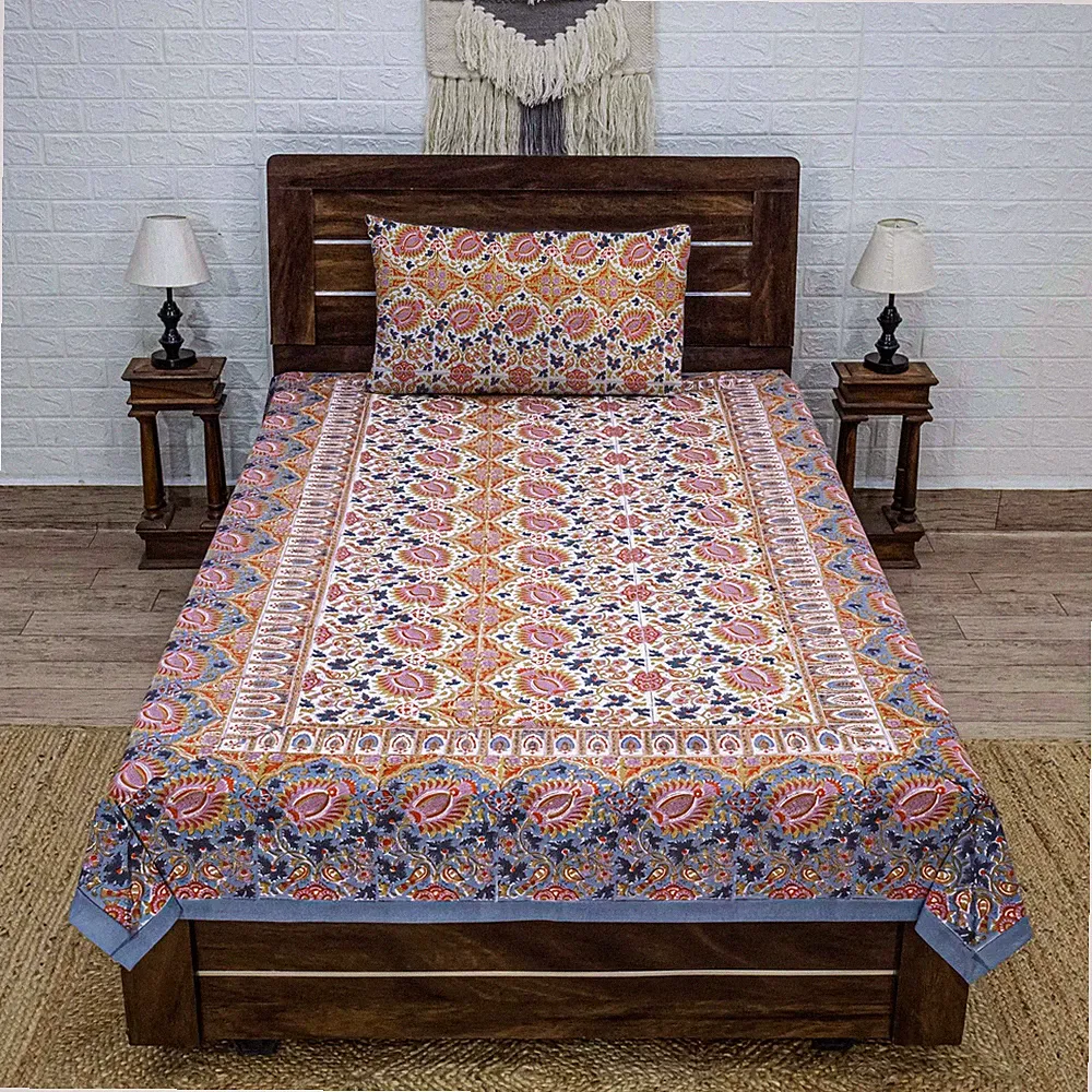 Indian Handmade Cotton Bedsheet Block Printed Floral King, Queen Flat Sheets