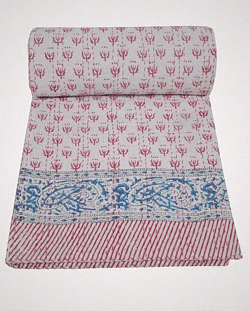 Indian Handmade Cotton Kantha Quilt Block Print Bedspread Reversible Blanket