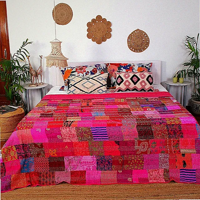 Indian Handmade Patchwork Silk Throw Reversible Blanket Bedspread Quilt For Sale