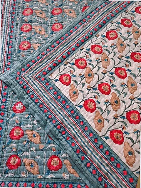 Indian Quilt Reversible 100% Cotton Blanket handmade Block Print Gray Comforter