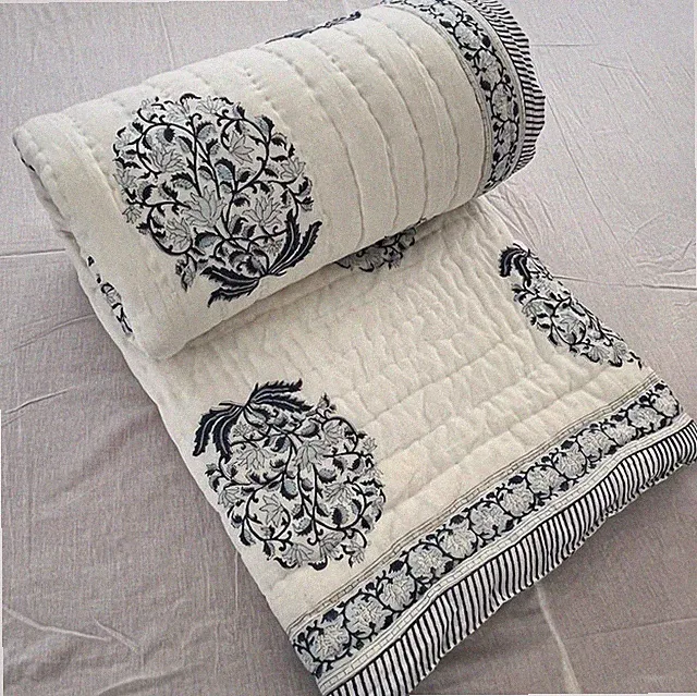 Indian Quilt Reversible Cotton Blanket handmade Block Print Comforter White