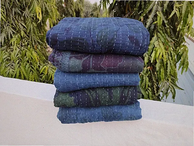 Indian Vintage Natural indigo dyed cotton kantha quilts reversible blanket throw