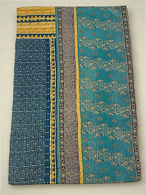 Kantha Quilt Reversible Handmade Cotton Throw Blanket 84x109