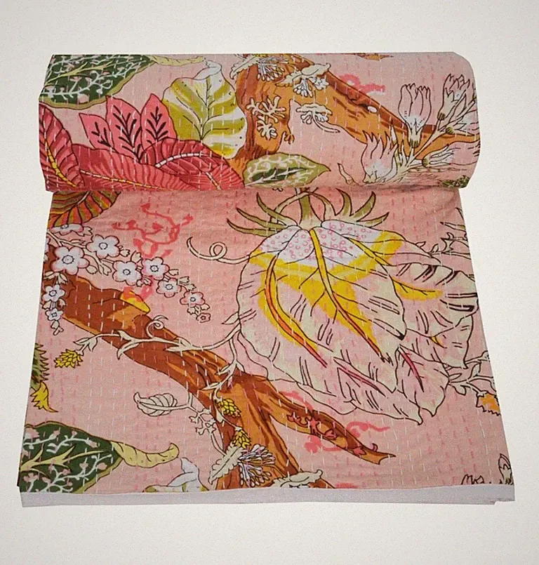 Kantha Quilt Reversible Indian Bedding Cotton Floral Print Handmade Bedspread