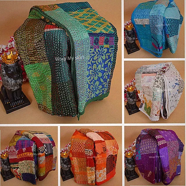 Patchwork Blanket Handmade Kantha Quilt indian quilt Vintage Bed Cover Bedspread