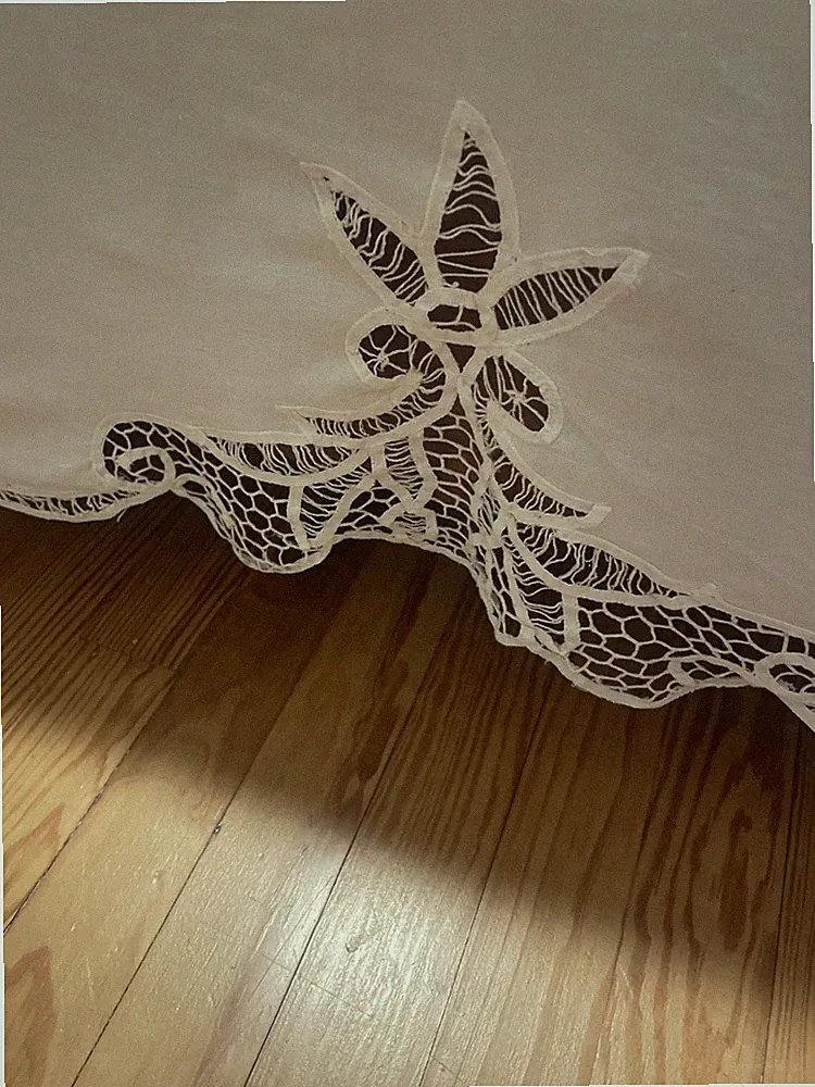 Queen Bed Skirt Open Lace Hem 14" Drop Vintage 100% Cotton Handmade Lace