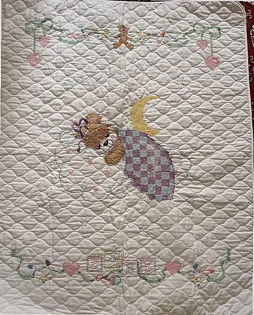 Quilt for Crib Sleeping Bear & Moon 34 x 42 Unfinished Back Handmade Coverlet