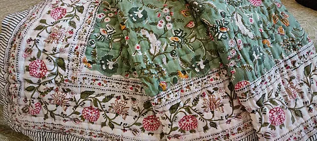 Quilt Handmade Green & White Kantha Quilted Blanket Cotton Quilt Comforter