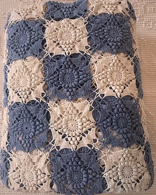Vintage Crocheted Granny Square Blue and White Bed Coverlet 72" x 88" READ
