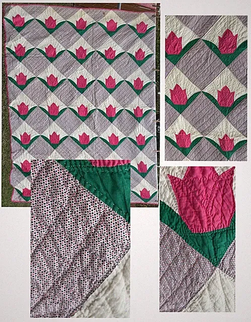 Vintage Hand Stitched Tulips Quilt For Full bed 84” X 70” Hand Quilting Pinks
