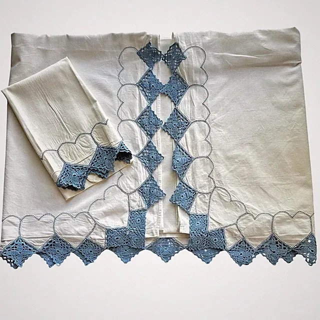 Vintage Handmade Blue Crochet Trim Child Bed Sheet / Pillowcase Cottagecore Set