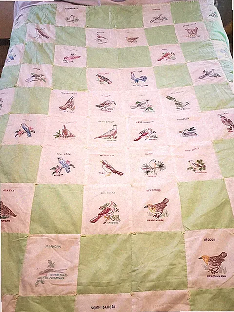 Vintage Handmade Homemade State Bird Quilt Bed Full Comforter Painted 80x86”
