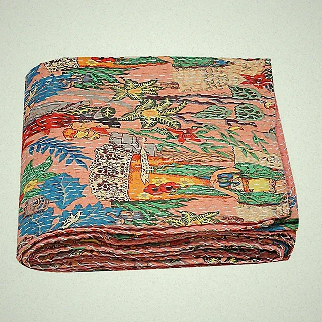 Vintage Indian Handmade Quilt Kantha Bedspread Throw Cotton Blanket Ralli King