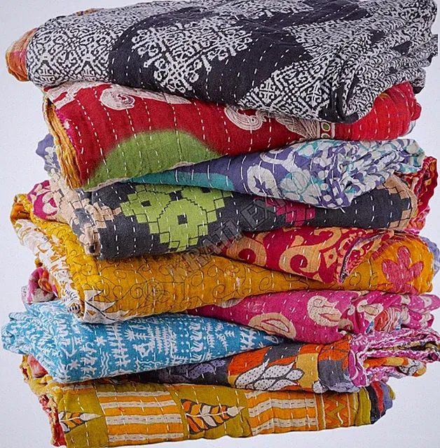 Vintage Kantha Quilts Handmade Old Saree Made Gudari Boho Bedding Throw Blanket