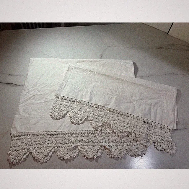 Vintage White Cotton Pillowcases Pair Handmade Crochet Lace Trim Scalloped Edge