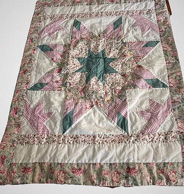 Vtg 90s Pair Pillow Shams White Patchwork Floral Green Border Grannycore