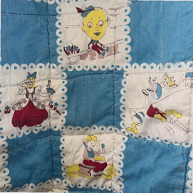 Vtg Handmade Baby Blanket Cotton Quilt Nursery Rhyme Humpty Dumpty Cat Moon
