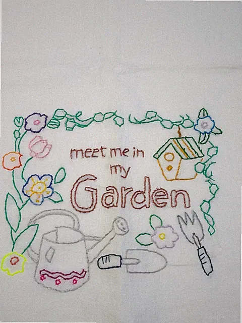 VTG HANDMADE EMBROIDERED MY GARDEN FWHITE SMALL COTTON CLOTH SHEET 34.5"X 37"