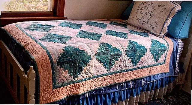 Vtg Handmade LOG CABIN FOLK ART QUILT 64"x 50" Heavy Cotton Green/Peach Gingham