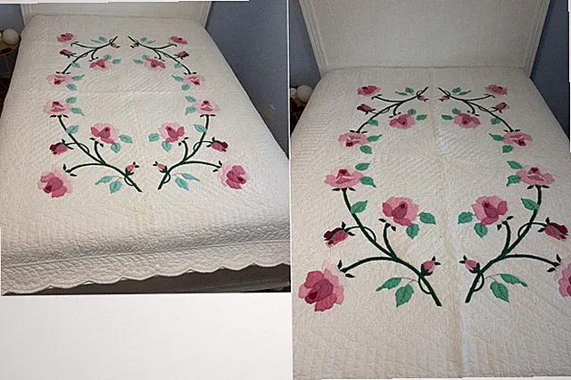 Vtg Set 2 Twin Bed Handmade Quilts Pink Flowers Floral Vine Scalloped Edge 84x66